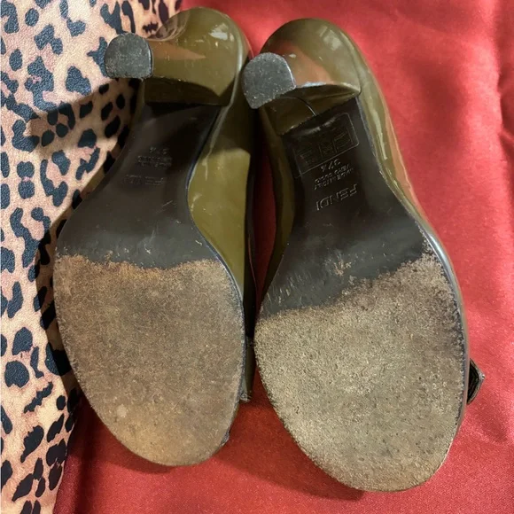 Fendi Olive/Army Green Patent Leather Buckle Peep-Toe Heels - Picture 12 of 16